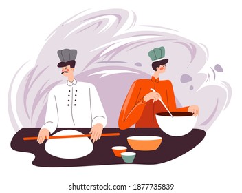 Baking tasty buns or pizza base, baker with rolling pin cooking food for restaurant or diner. Helper on kitchen making chocolate topping for dish. Recipe of confectionery pastry. Vector in flat style