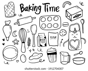 Baking Time Tools And Cake Doodle Illustration Drawing Cartoon For Kids And Baby