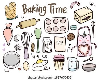 Baking time tools and cake doodle illustration drawing cartoon for kids