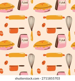 Baking time vector seamless pattern design with cute cartoon retro colorful illustration of different kitchen cooking equipment, tools, whisk, rolling pin, spoon, apron for recipe books, culinary blog