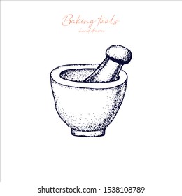 Baking tools .Cooking utensils .Vector hand drawn set with bakery pans. Vintage illustration. Retro collection. Bakery supplies isolated on white background.