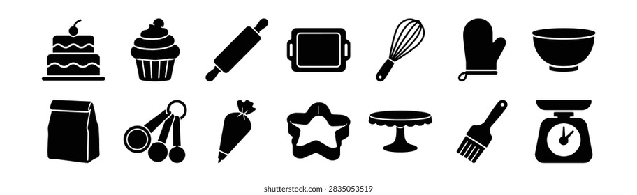 baking tools and dessert vector icon set for commercial cooking and bakery use on transparent background