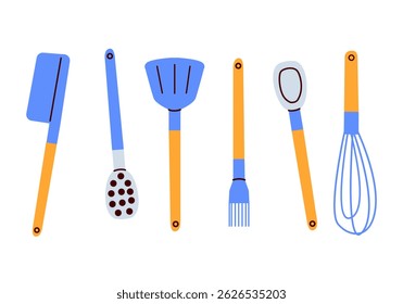 Ferramentas De Cozimento. Ferramentas de cozinha essenciais em estilo plano colorido, incluindo espátula de colher rolando pin e itens de whisk. Para banner, cartaz, landing, infográfico, mídia social, convite