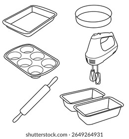 Baking tools. Flat vector simple pictograms. Kitchen bakery equipment for pastry cooking. Bakeware such as cake pans, rolling pins, muffin pans, a hand mixer, and a loaf pan.