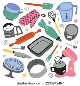Baking tools hand drawn collection, doodle icons of cooking utensils, vector illustrations of mixer, whisk, rolling pin, kitchen equipment for making cakes and desserts, isolated colored clipart