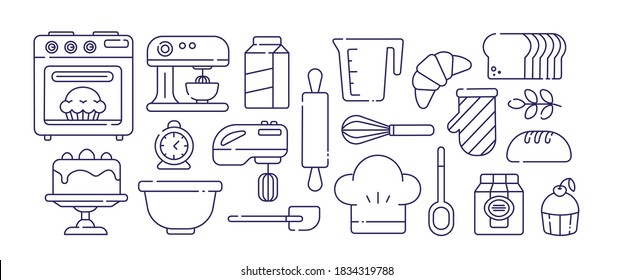 Baking tools icon. Mixer, bread, flour and timer elements. Isolated on white background