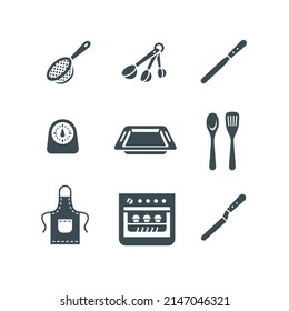 Baking tools icons. Flat vector simple pictograms. Kitchen bakery equipment for pastry cooking. Bakeware such as stainless sift, measuring spoons, cake knife, oven, pan, timer, spatula, apron