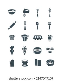 Baking tools icons. Flat vector simple pictograms. Kitchen bakery equipment for pastry cooking. Bakeware such as rolling pin, whisks, cake and bundt pan, cookie cutter, muffin liner, flour sifter