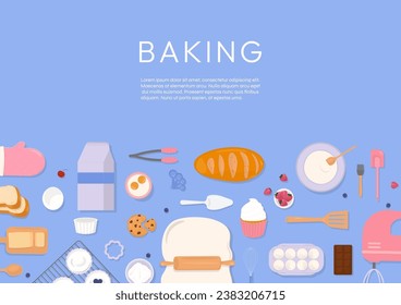 Baking tools, ingredients, and pastry bakery with top view illustration on blue background.