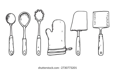 Ilustración de arte de línea de herramientas para hornear de utensilios de cocina esenciales