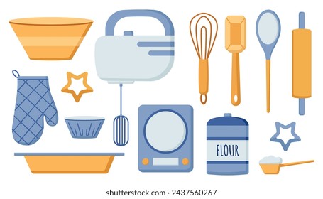 baking tools set, cookware, items for cooking, kitchen utensil, mixer, bowl, glove, flour, baking tray, rolling pin, whisk, spatula, vector illustration