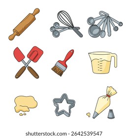 Baking tools set Kitchen utensils Cartoon style.