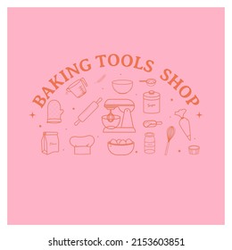 Baking tools shop badge, set of line icons kitchen equipment and ingredient design.