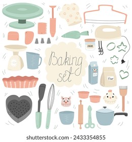 Baking tools vector illustration set. Pastry prepare cooking ingredients. Food supplies as rolling pin , mixer, baking forms, shugar, kitchen timer and flour, etc.