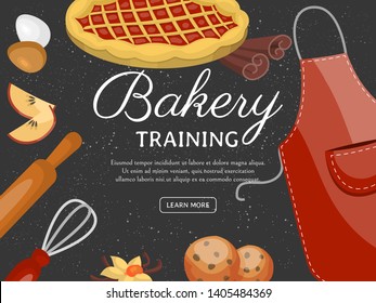 Baking training school poster vector illustration. Chocolate fruity desserts sweet cake shop with cupcakes, bakery cakes, cookies, ingredients, apron, rolling pin whisk board biscuits pie.