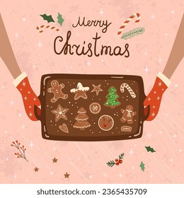 Baking tray with Christmas cookies card. Hands holding oven tray with different types of gingerbreads. Cute baked Christmas cookies. Hand drawn vector Illustration. Top view tasty winter postcard.