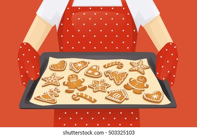 Baking tray with christmas homemade gingerbread cookies background