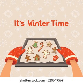 Baking tray with christmas homemade gingerbread cookies background. vector illustration