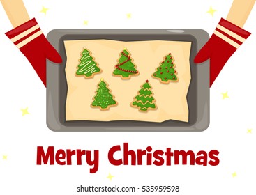 Baking tray with christmas homemade gingerbread cookies background. Christmas bakery gingerbread cookies.Vector illustration of Cooking