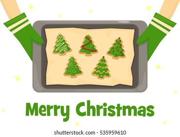 Baking tray with christmas homemade gingerbread cookies background. Christmas bakery gingerbread cookies.Vector illustration of Cooking