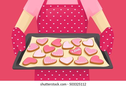 Baking tray with heart shape cookies decorated Valentines day background