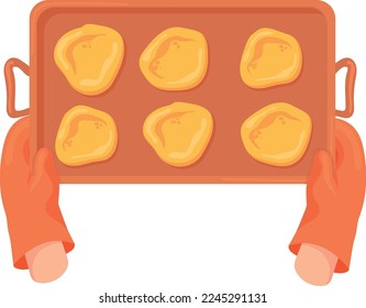 Baking tray with raw cookies in oven mitt hands isolated on white background