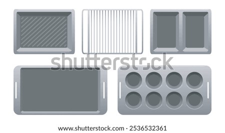 Baking tray set. Home made bread cake biscuit pastry utencil isolated vector illustration