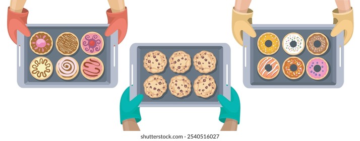 Bandejas de assar em forno mitten mãos. Macarons de rosquinha coolies home fez ilustração de vetor isolada