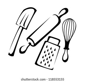 Baking utensil set in black and white line art, vector illustration