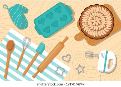 Baking utensils and apple pie on the table. Vector illustration with a top view. Love of baking concept. Perfect for a banner or poster of pastry courses or for advertising baking dishes