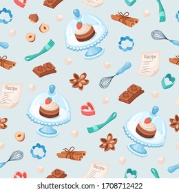 Baking utensils background. Vector seamless pattern with cooking kitchen tools in cartoon style.