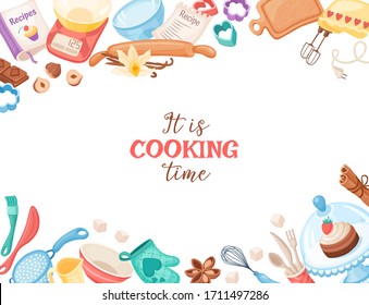 Baking utensils composition isolated on white background. Cooking time banner. Poster with cartoon kitchen tools.