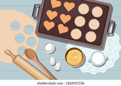 Baking utensils and cooking ingredients for cookies and pastry. Top view. Vector