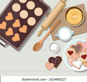 Baking utensils and cooking ingredients for cookies and pastry. Top view. Valentine's day