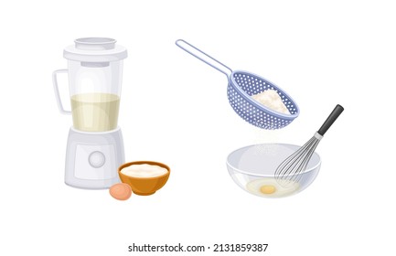 Baking utensils and cooking ingredients set. Sieve, bowl, mixer, whisk and bakery products vector illustration