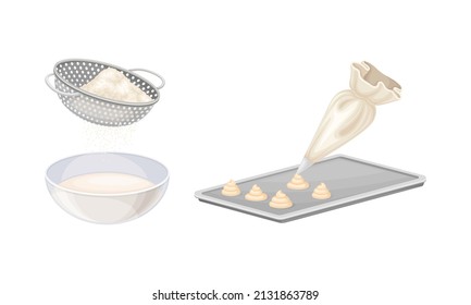 Baking utensils and cooking ingredients set. Pastry bag, sieve, tray vector illustration