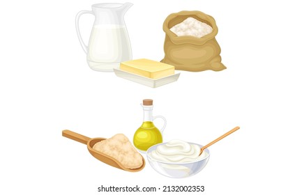Backutensilien und Kochzutaten. Mehl, Rahm, Butter, Saft aus Milch, Vektorgrafik