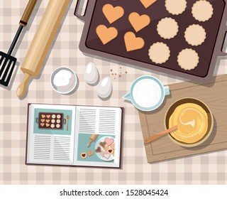 Baking utensils and cooking ingredients for tarts, cookies, dough and pastry. Top view. Vector Illustration