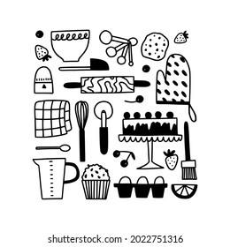 Baking utensils doodle set. Cute hand drawn icon illustration for bakery, kitchenware, cafe, recipe book print. Kitchen tools for dough, pastry - whisk, spatula, bowl, rolling pin.