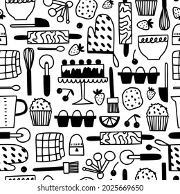 Baking utensils seamless pattern. Cute hand drawn doodle icon illustration for bakery, kitchenware, cafe, recipe book print. Kitchen tools for dough, pastry - whisk, spatula, bowl, rolling pin.