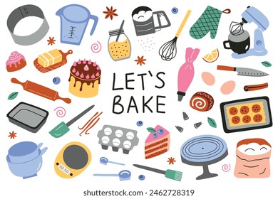 Baking utensils set, kitchenware collection, whisk, sifter, mixer doodle icons, vector illustrations of ingredients for cookies and cakes, cartoon baker equipment with lettering, lets bake