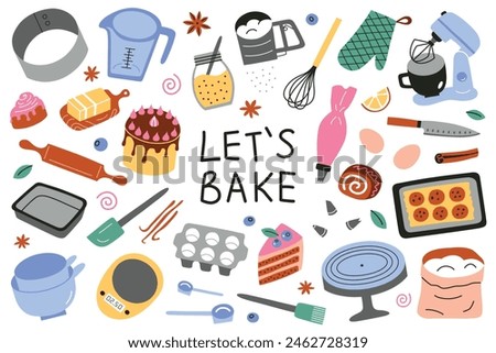 Baking utensils set, kitchenware collection, whisk, sifter, mixer doodle icons, vector illustrations of ingredients for cookies and cakes, cartoon baker equipment with lettering, lets bake