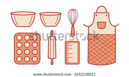 Baking Utensils Set Red Line Art Illustration Two Bowls Whisk Rolling Pin Muffin Tin Apron Ruler