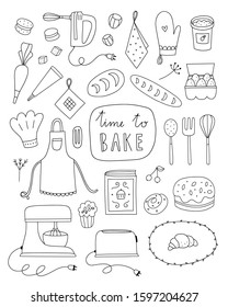 Baking vector illustrations on white background. Hand drawn outline set with kitchen equipment, food and ingredients for cooking