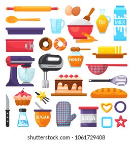 Baking vector kitchenware and food bakery ingredients for cake illustration caking set of cooking cupcake or pie with cookware in kitchen isolated on white background