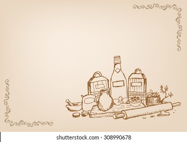 Baking Wallpaper Line Art Style with Blank Space and Framed corners. Editable Clip Art.