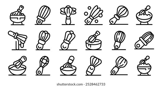 Baking whisk icons set. Baker is whisking eggs, cream or dough in a bowl in different styles of line icons