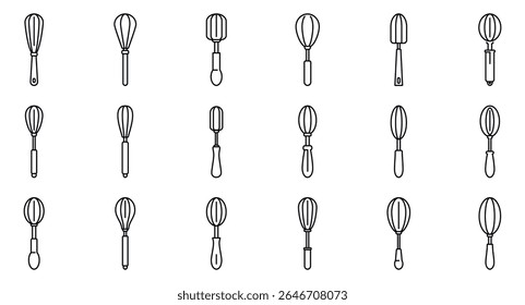 Baking whisk icons set. Collection of whisk icons representing various designs for mixing and blending ingredients