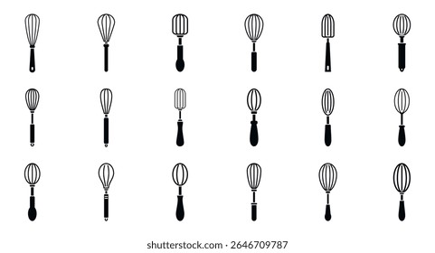 Baking whisk icons set. Whisk icons set illustrating various kitchen tools used for mixing and blending ingredients, essential for baking and cooking