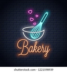 Baking with wire whisk neon sign. Bakery neon banner on wall background